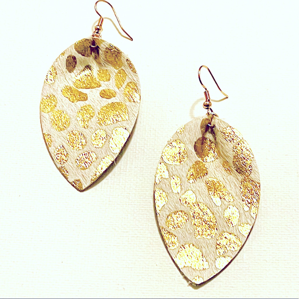 Leather Earrings White With Gold Design